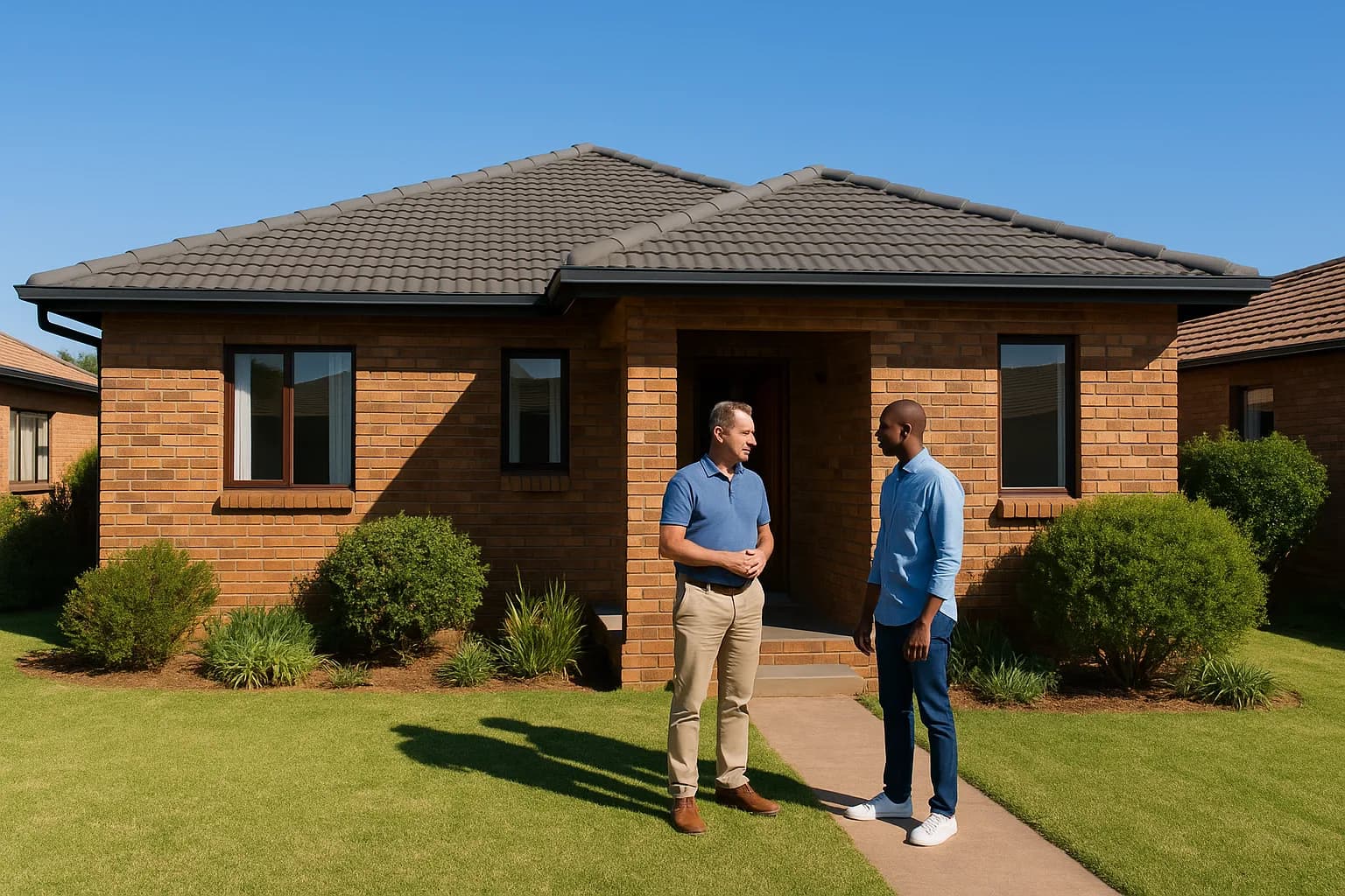 A seller and buyer standing outside a well-maintained face-brick suburban house on a clear sunny Highveld day, engaged in conversation near the front door.