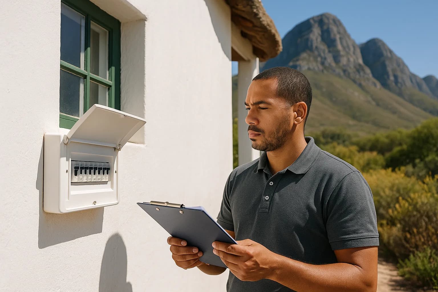 A home inspector examining an electrical distribution board on the exterior wall of a whitewashed Cape-style home with fynbos mountains in the background.