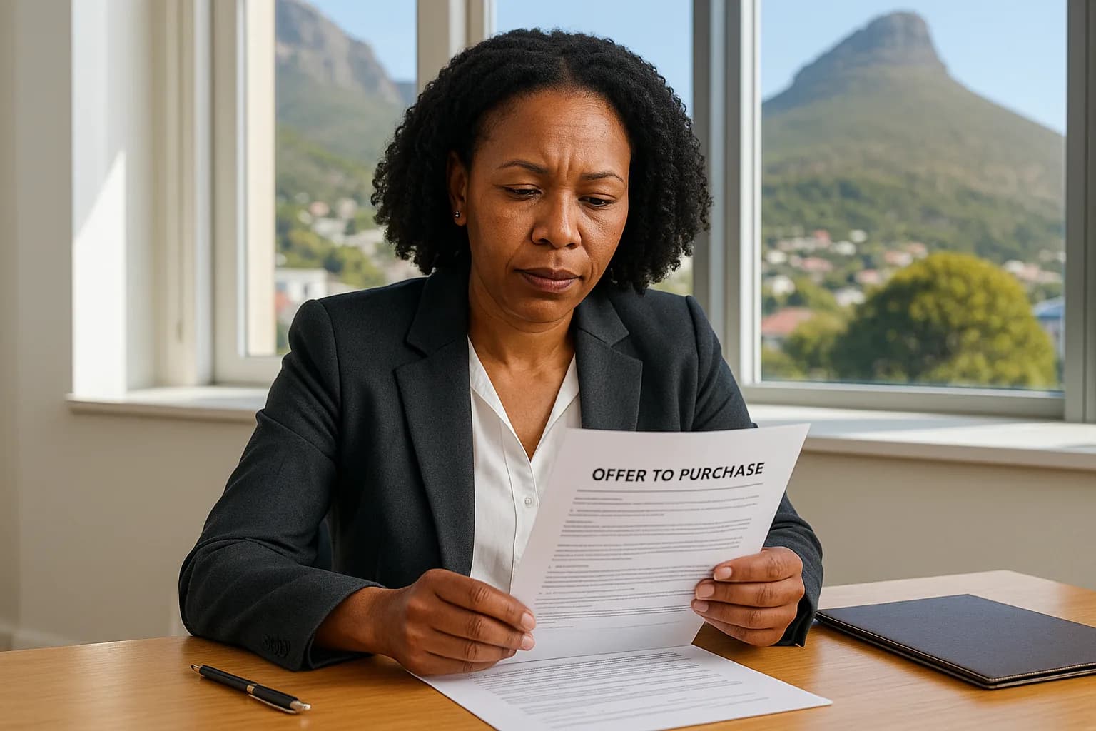 A South African property attorney reviewing warranty clauses in an offer to purchase document at a sunlit Cape Town office.
