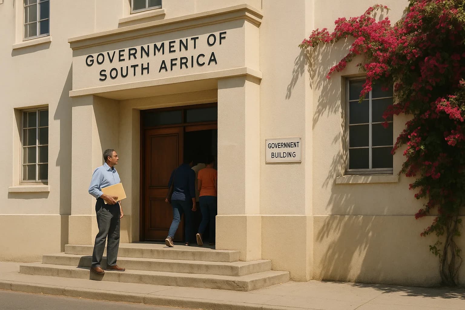 A middle-aged man holding a manila folder pausing at the entrance of a modest South African civic building, suggesting attendance at a housing tribunal.