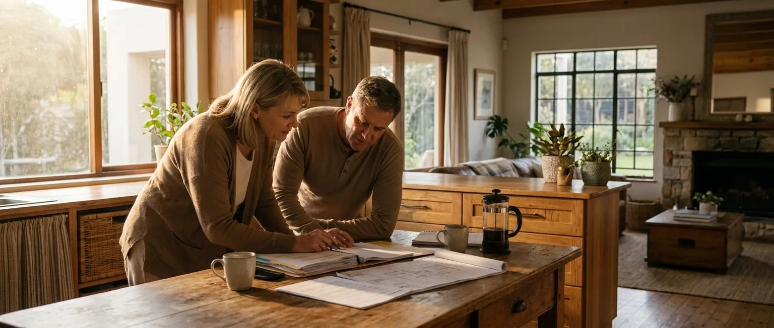 Homeowners reviewing a sole mandate agreement at their kitchen table