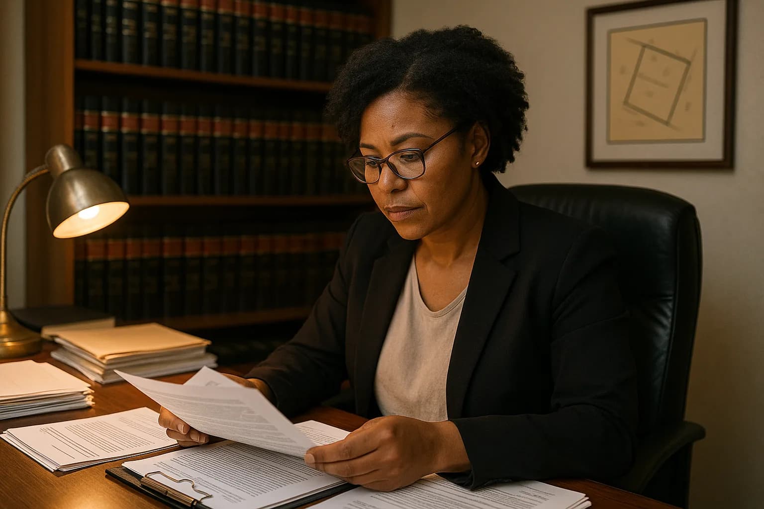 A female conveyancer reviewing property transfer documents at her office desk with law books on the shelves behind her.
