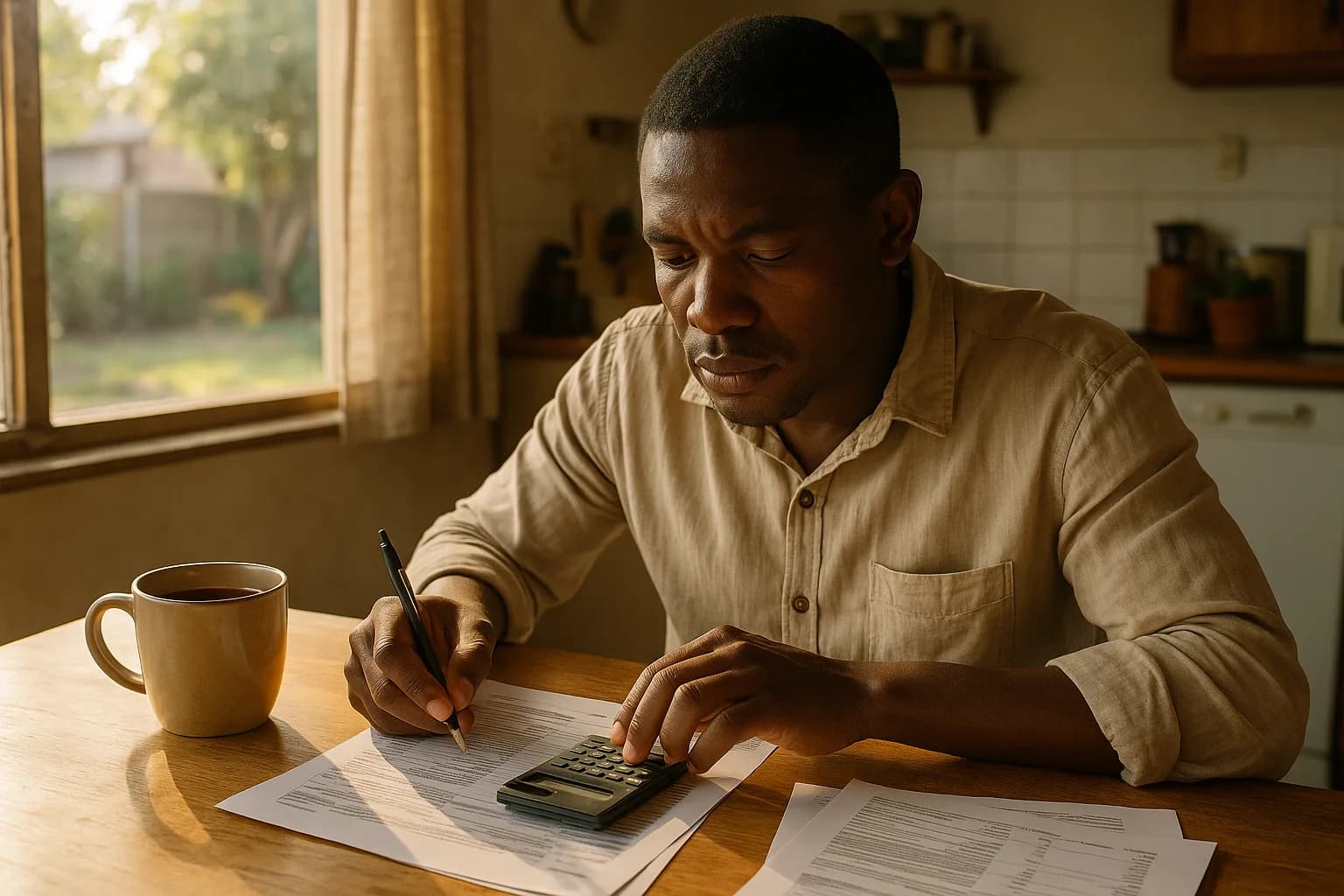 A young man sitting at a kitchen table working through printed property paperwork with a pen and calculator in a suburban home.