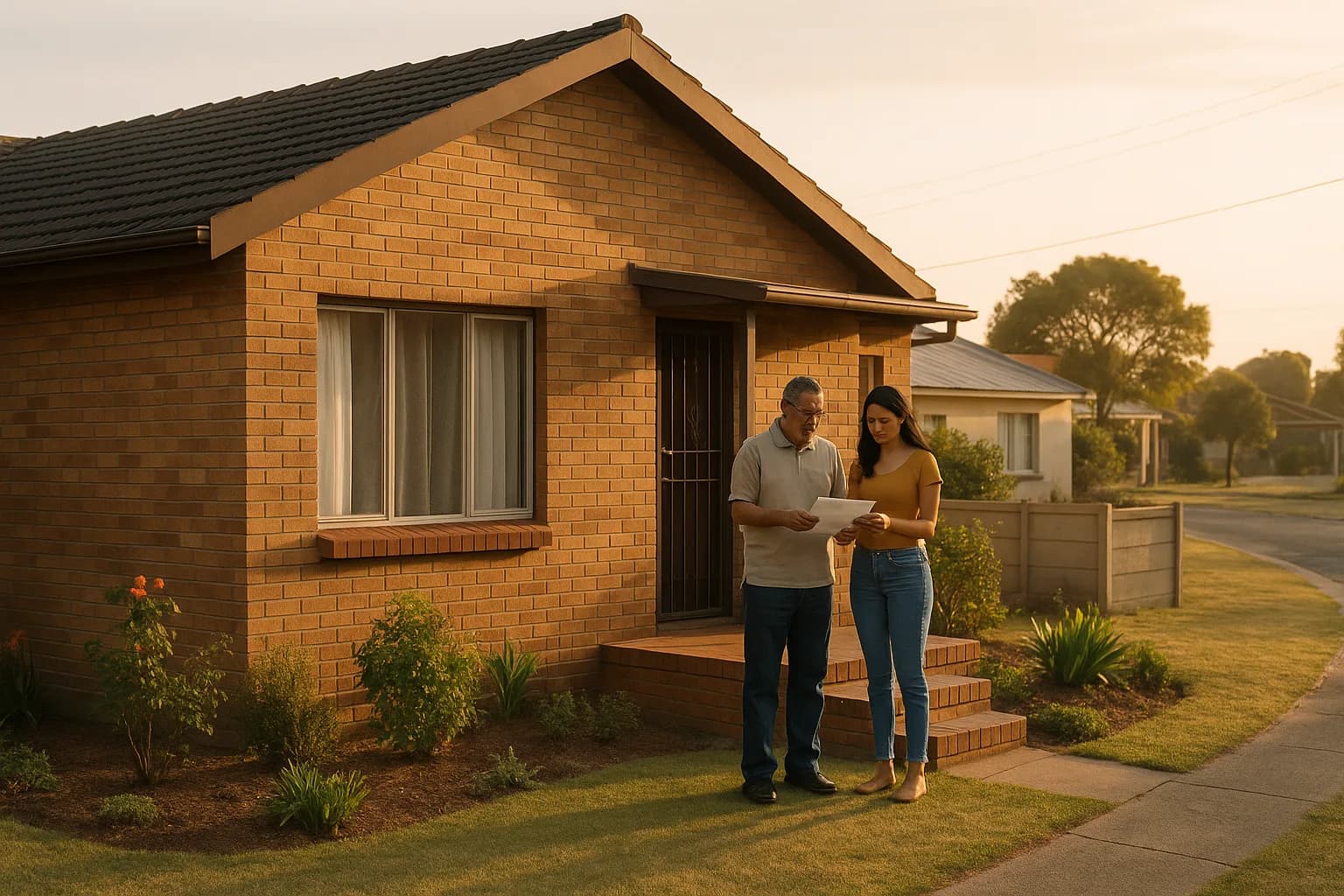 An older man and a younger woman stand on the stoep of a facebrick South African home looking at paperwork together in morning light.