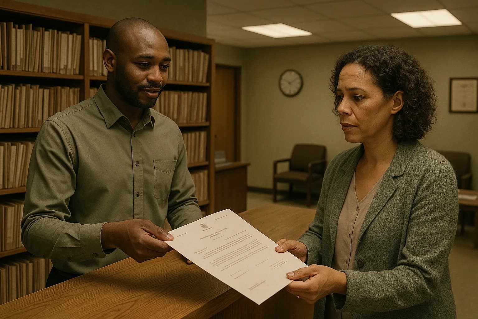 A clerk hands a formal document to a woman at the counter of a government or legal office with shelves of files visible in the background.