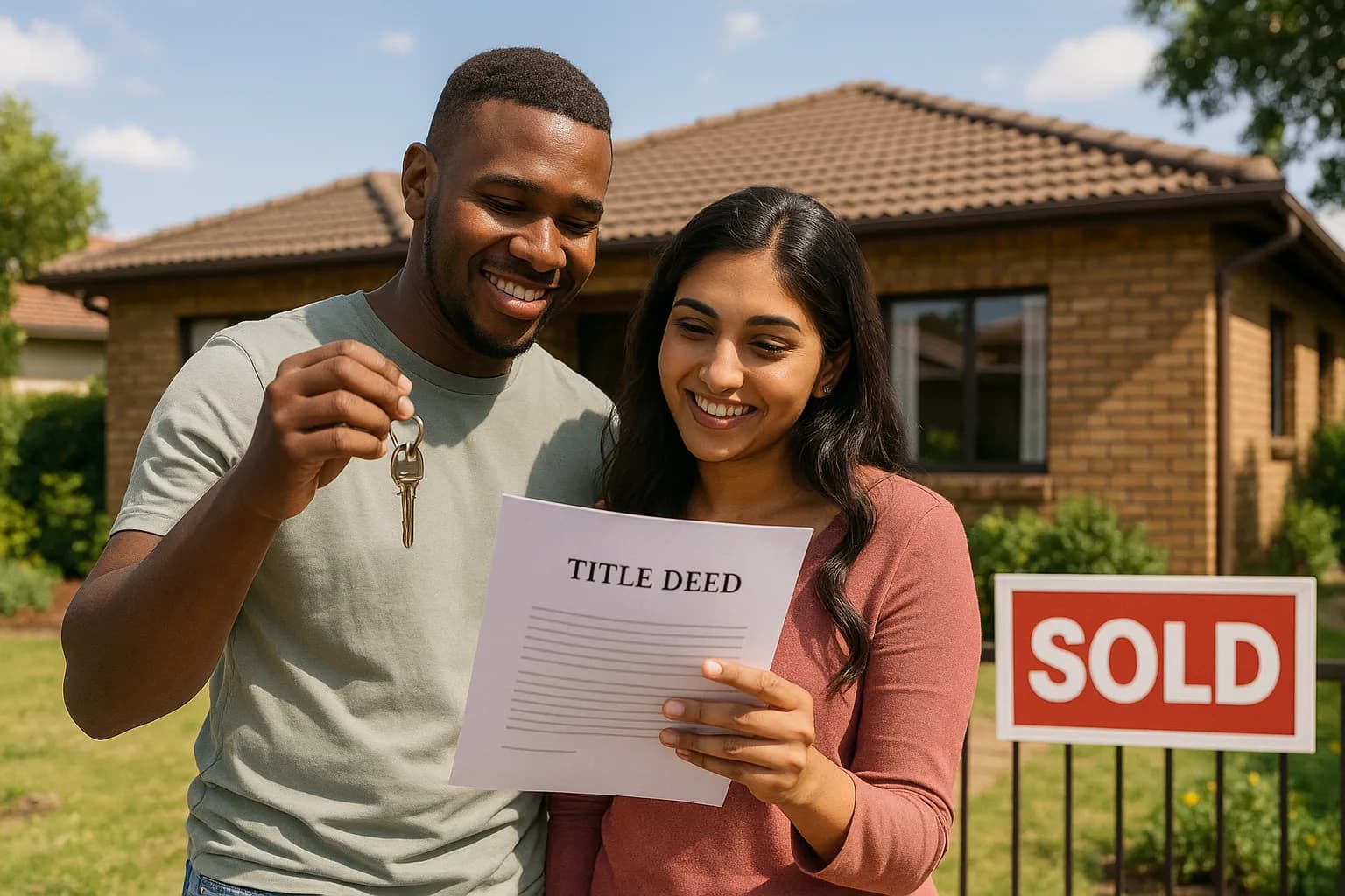 A young couple stand outside their newly inherited suburban home holding a title deed and house keys with a sold board visible near the gate.