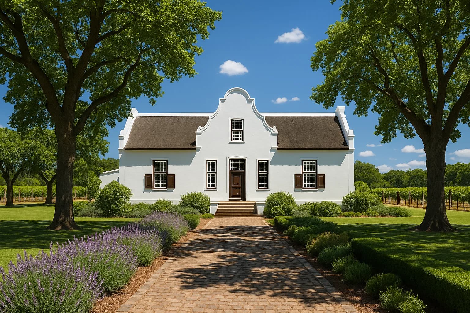 A classic Cape Dutch homestead in the Western Cape winelands, representing the type of heritage property governed by the Administration of Estates Act when passed down through inheritance in South Africa.