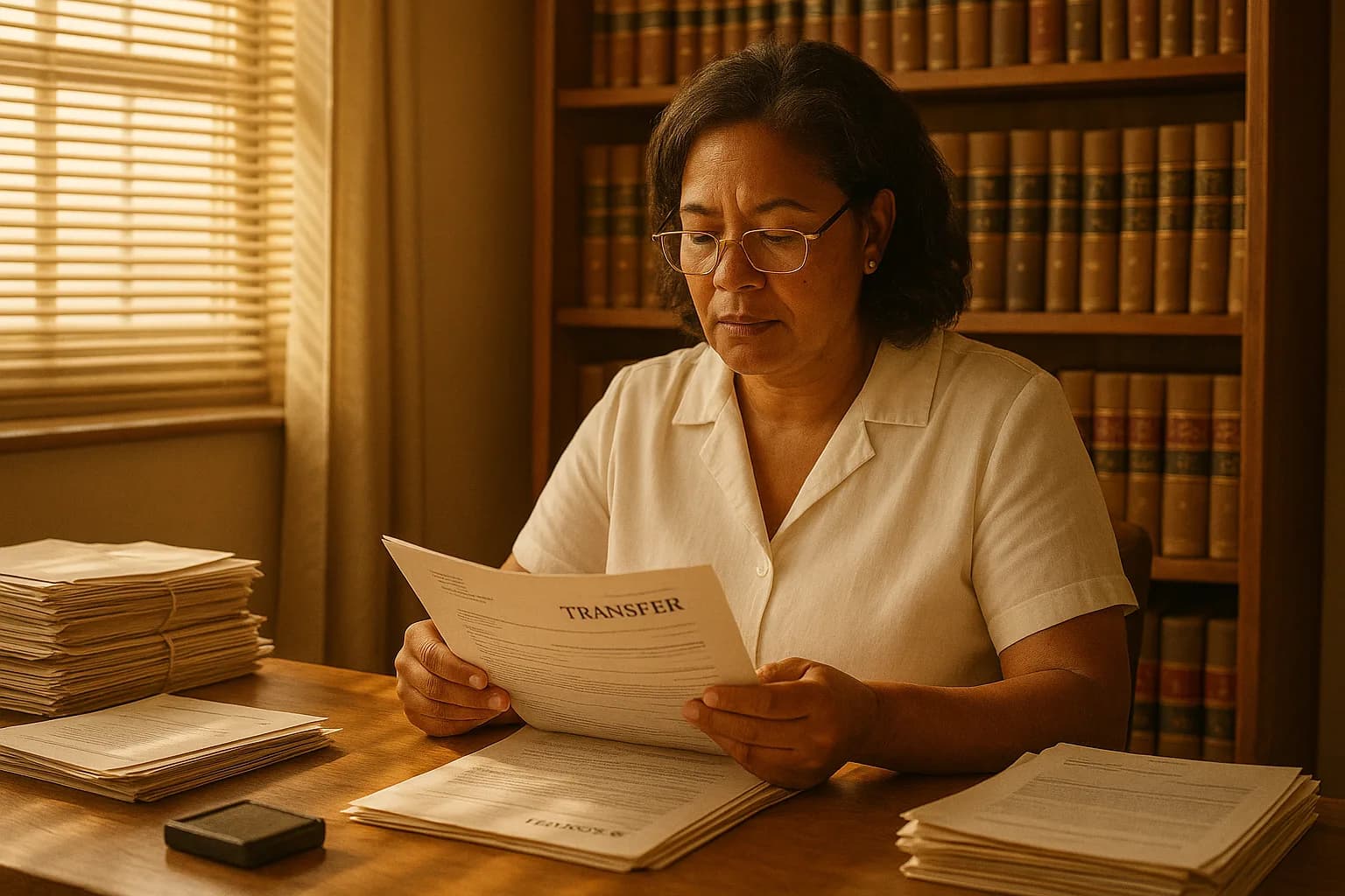 A South African conveyancer reviewing property transfer documents at her desk inside a conveyancing office.