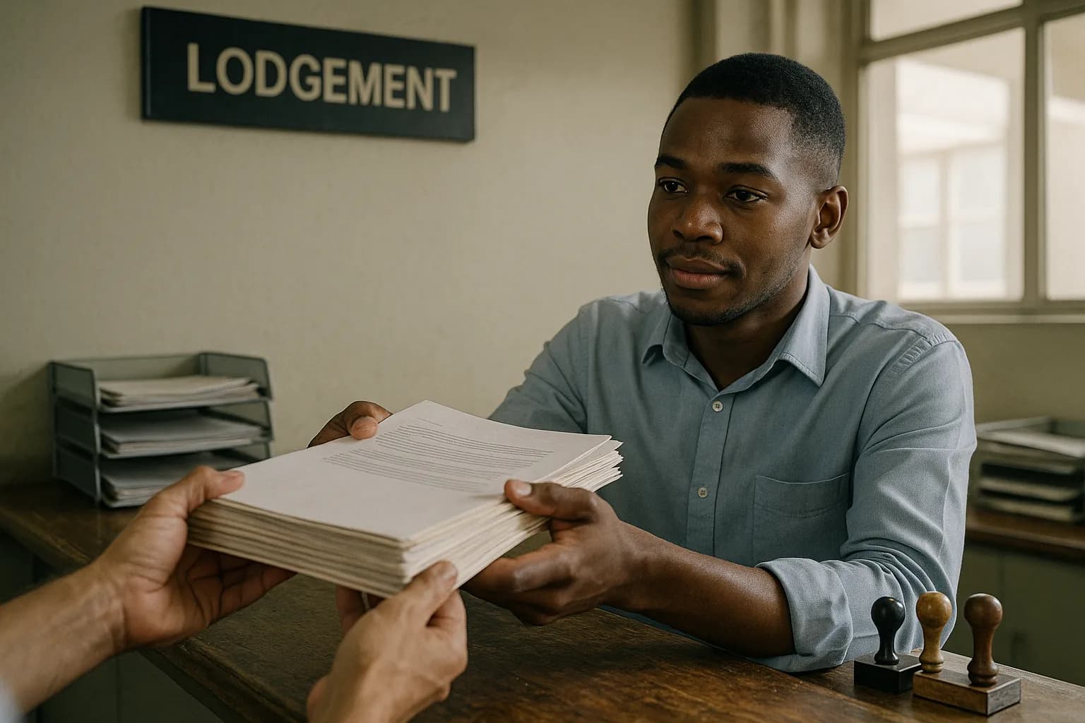 A clerk at a South African deeds office lodgement counter receiving a bundle of property transfer documents from a conveyancer.