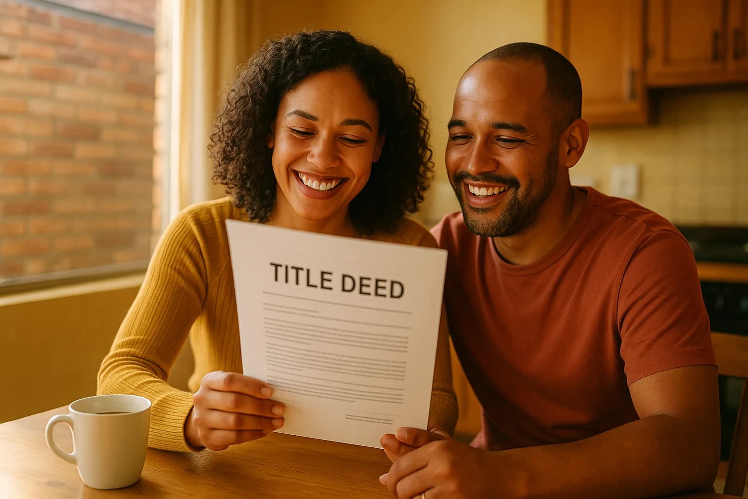 A South African couple sitting at their kitchen table reviewing their new property title deed after a successful transfer.