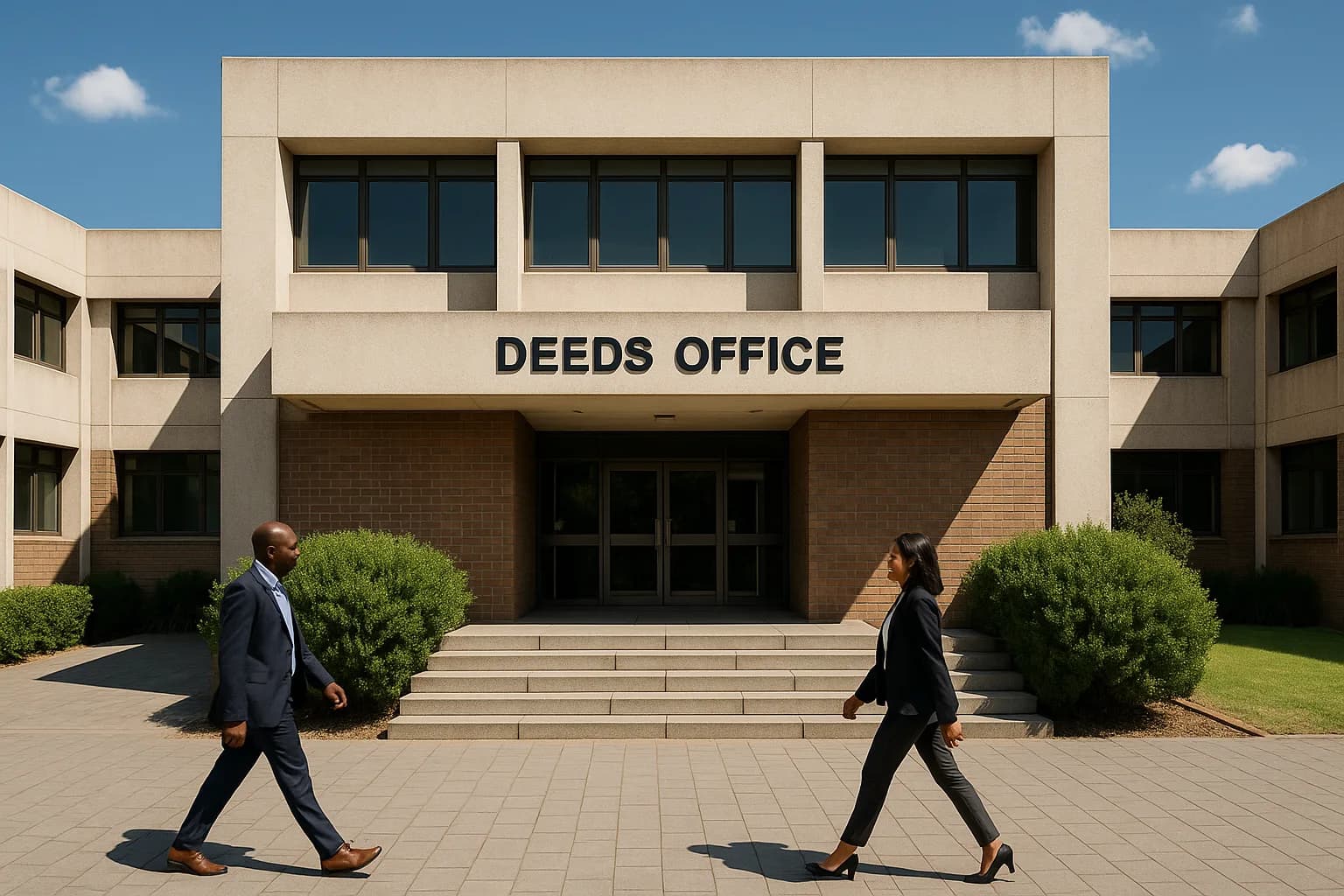 The exterior of a South African deeds office on a bright clear day, where deeds office registration finalises property transfer for new homeowners.