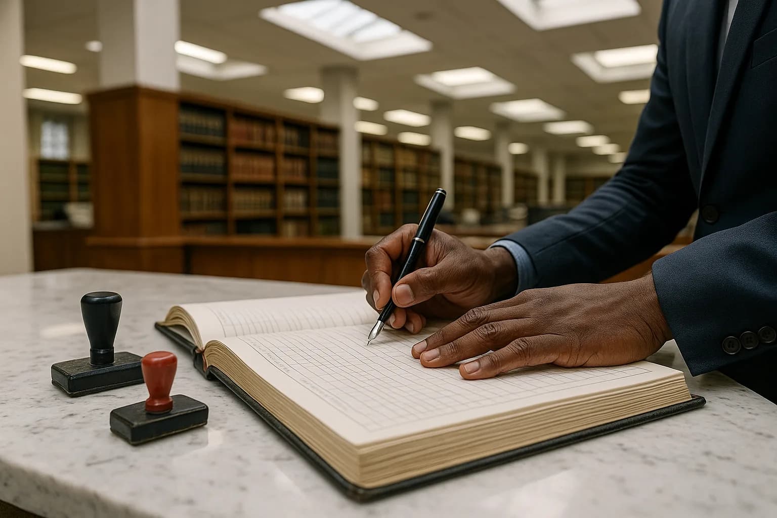 A conveyancer's hands writing in an official register at a South African Deeds Office counter with bound property records visible in the background.