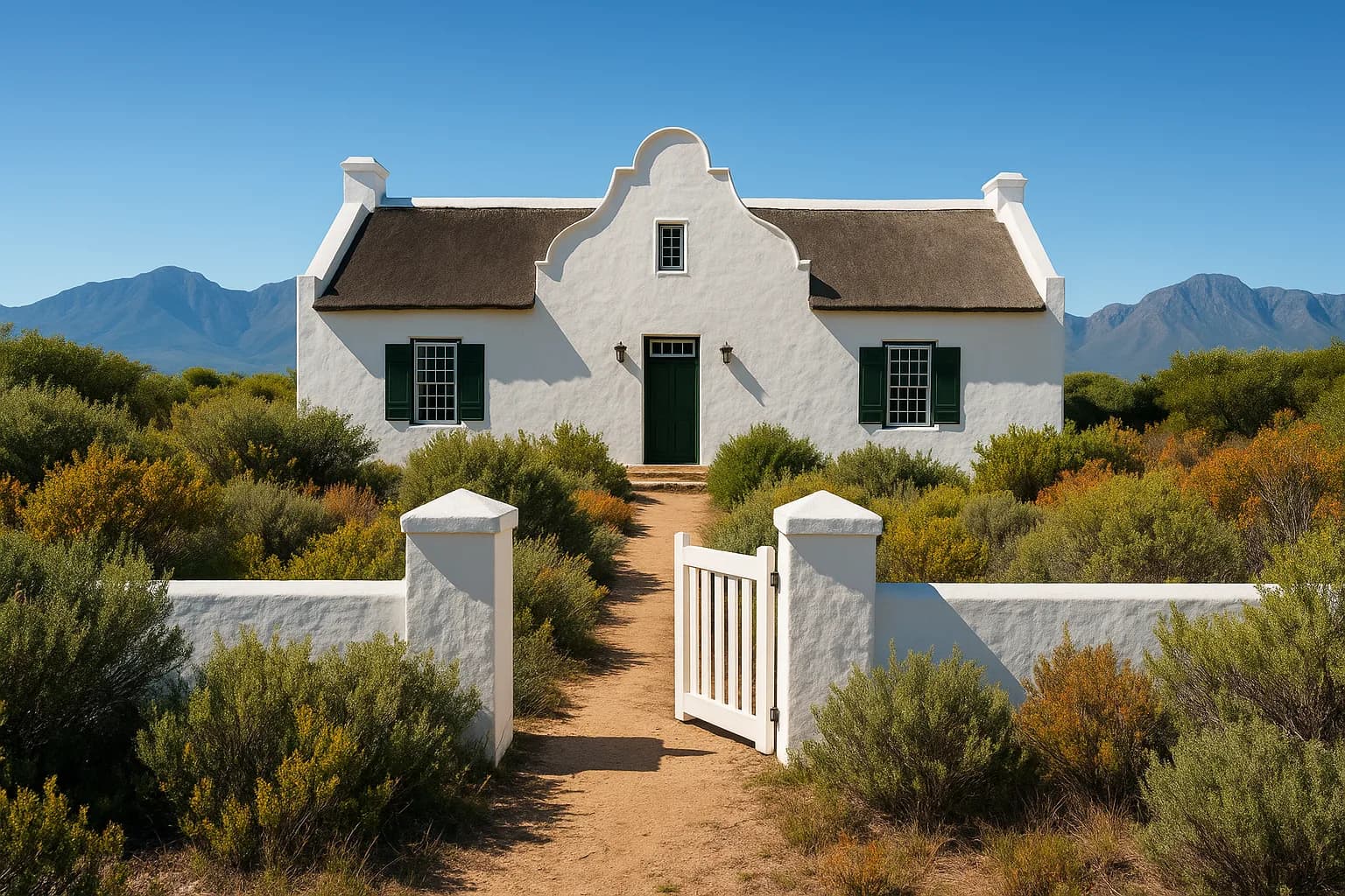 A whitewashed Cape-style home with an open front gate, fynbos garden and blue mountains under a clear Western Cape sky.
