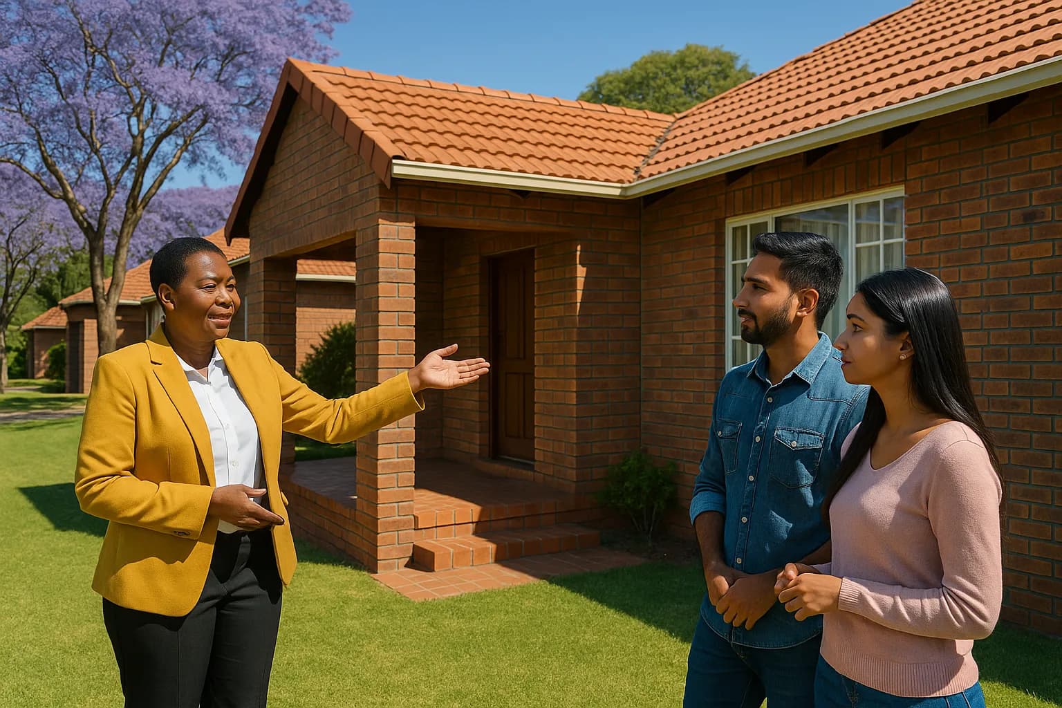 A female estate agent explains property terms to a young couple standing on the stoep of a face-brick Gauteng suburban home on a clear sunny day.