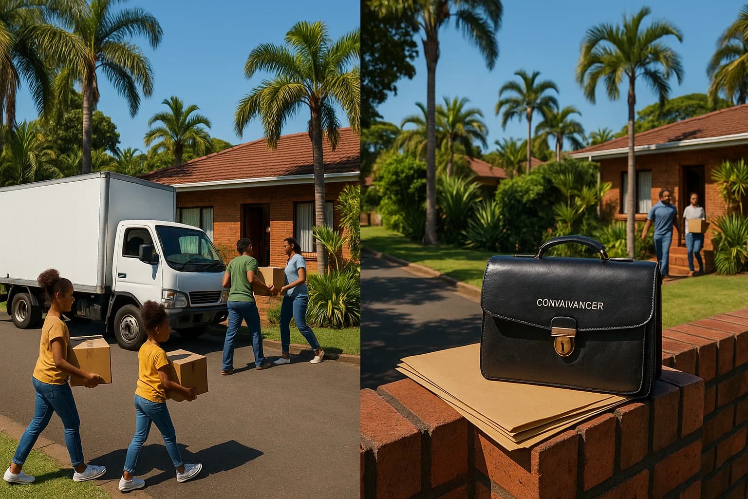 A South African family carries moving boxes into a KwaZulu-Natal home while a conveyancer's documents rest on the garden wall, suggesting the gap between occupation and transfer.