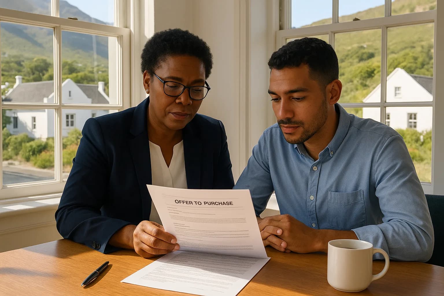 A conveyancer explains occupation rent clauses to a buyer reviewing an offer-to-purchase document in a sunlit Cape Town attorney's office.