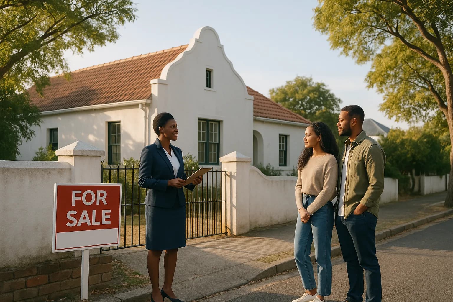 A female estate agent speaking with a young couple outside a Cape Dutch style home with a for sale sign at the gate.
