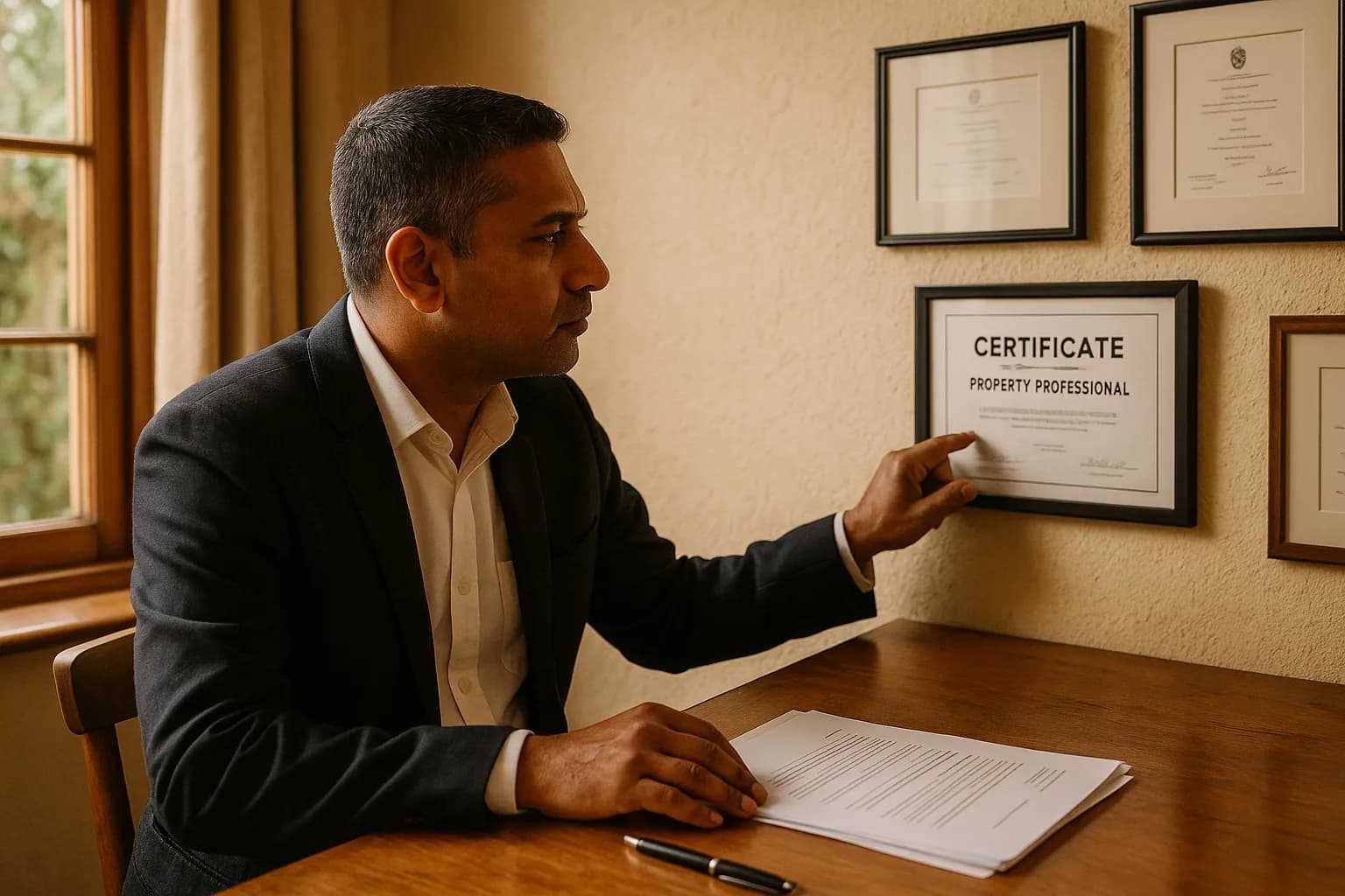 A property professional examining a framed Fidelity Fund Certificate mounted on the wall of a home office.