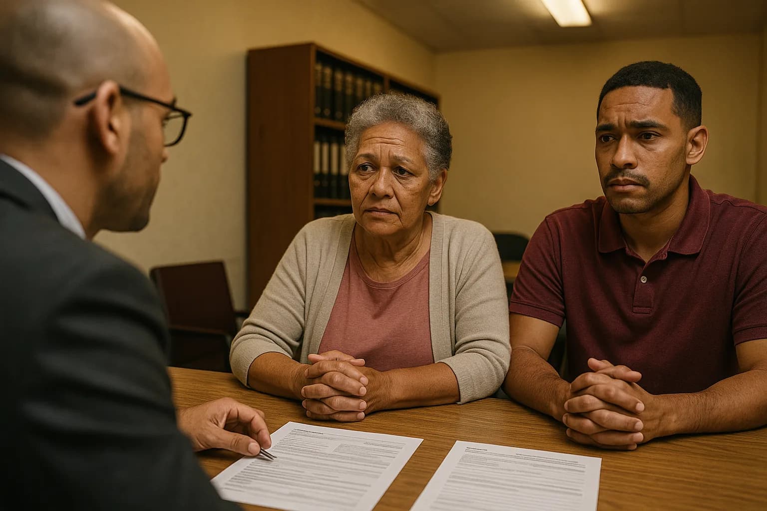 Two property consumers sitting across from an official at a meeting table reviewing printed complaint or disclosure forms in a legal office.
