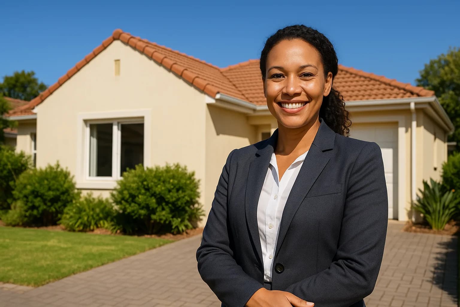 A professional South African estate agent stands in front of a suburban home, ready to guide clients through the Property Practitioners Act.