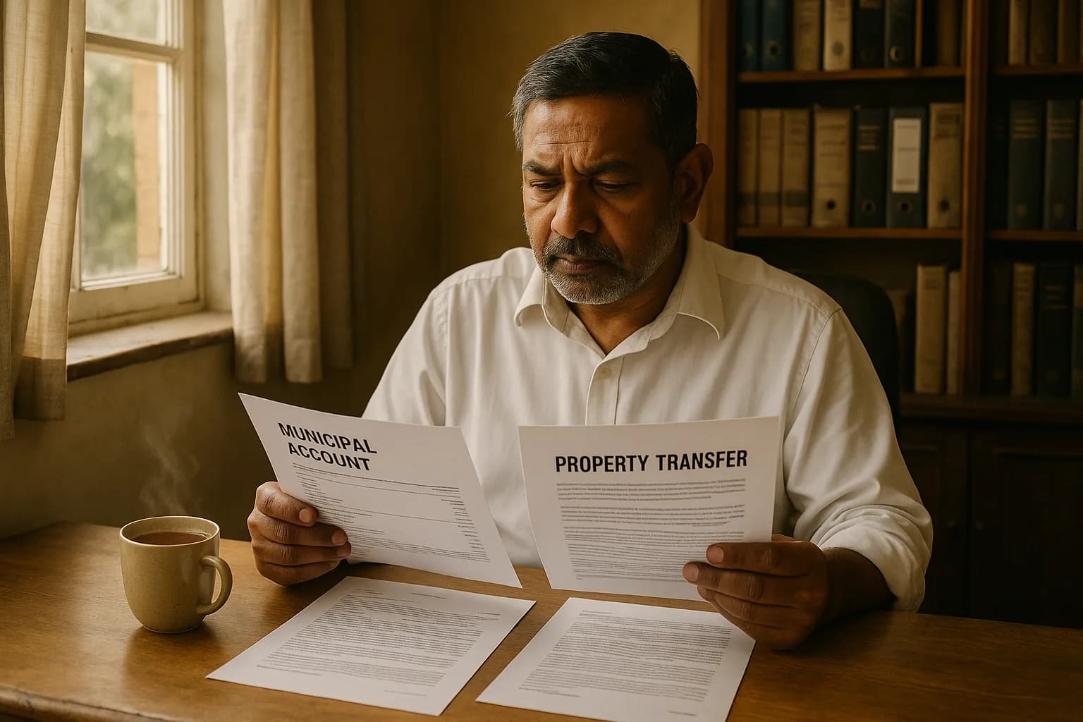 A man at a home desk reviewing printed municipal billing statements and property transfer paperwork.