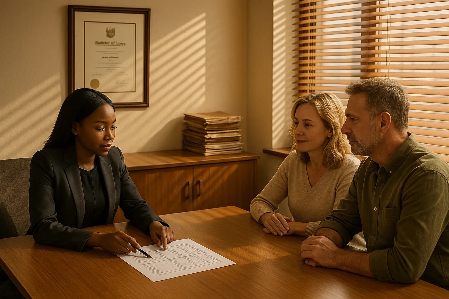 A conveyancer points to a printed billing calculation on a desk while meeting with a couple in her office.