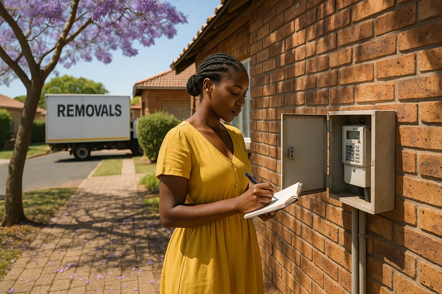 A woman writing down a prepaid electricity meter reading outside a facebrick house on moving day.