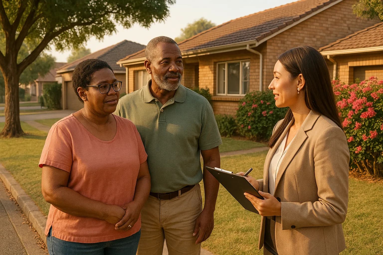 A couple talking to an estate agent outside their facebrick suburban home on a sunny morning.