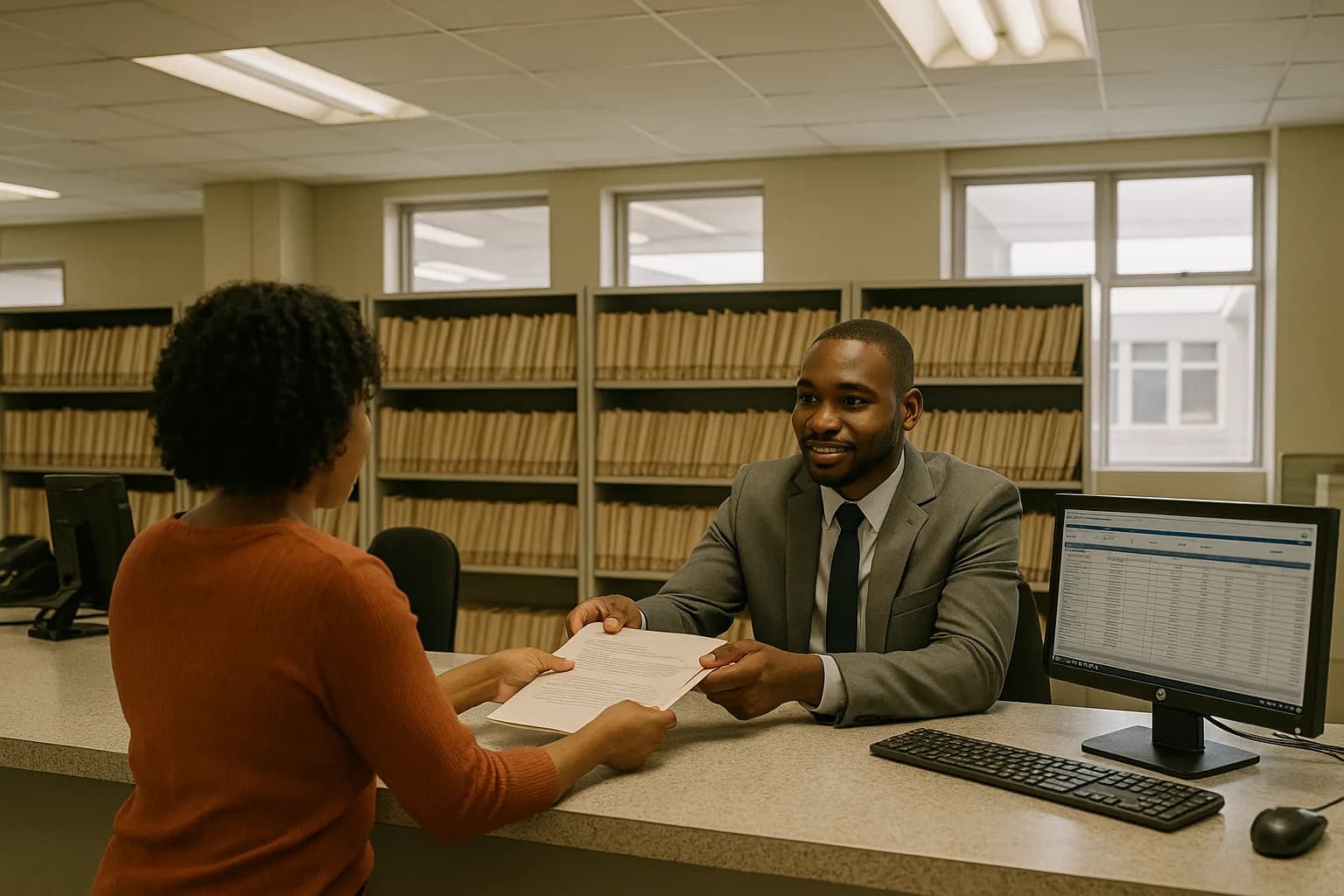 A woman submitting property documents at a municipal services counter assisted by a male clerk.