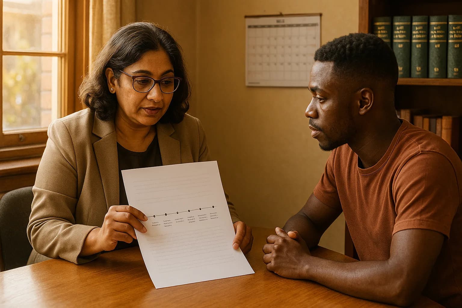 A conveyancer explaining a property transfer timeline to a buyer at an office meeting table.