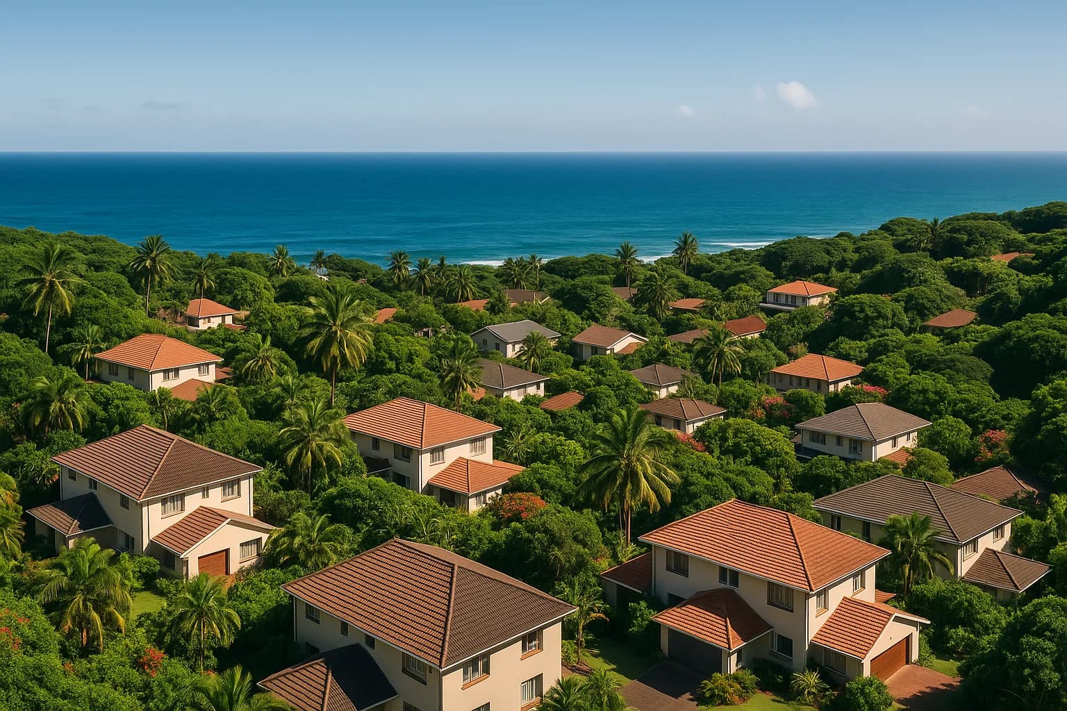 A lush KwaZulu-Natal coastal suburb with palm trees and the Indian Ocean beyond — the kind of property where a rates clearance certificate is essential before transfer.