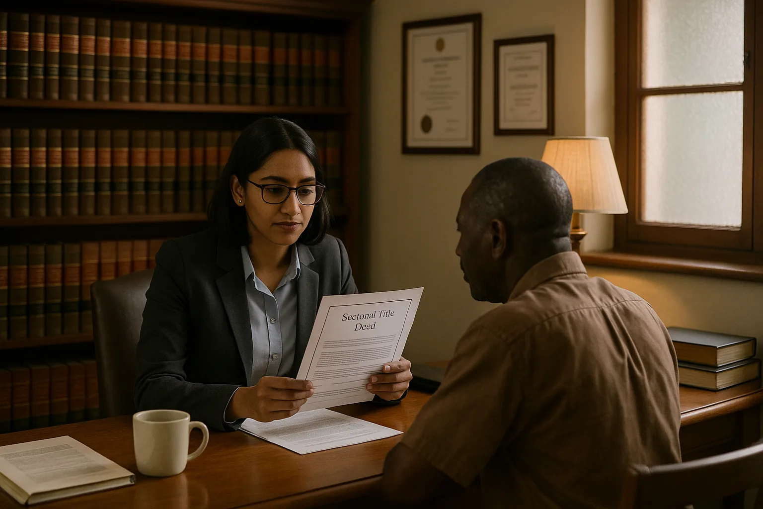 A South African conveyancer and her client reviewing a sectional title deed document together in a provincial town office.