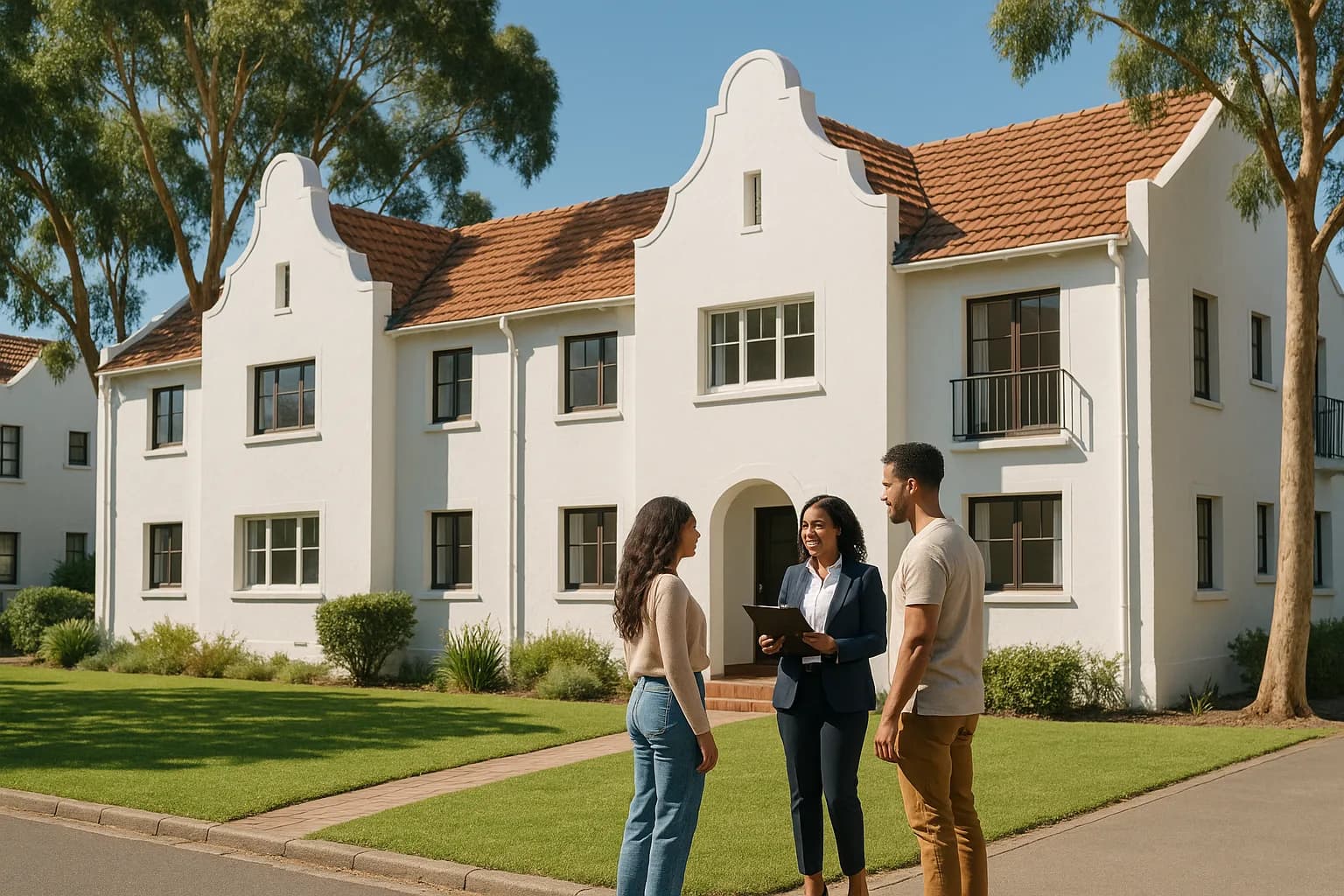 A female estate agent showing a sectional title Cape Dutch apartment block to a young couple on a sunny South African morning.