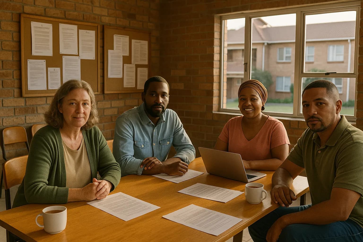 Diverse South African body corporate trustees seated around a table reviewing printed documents during a community meeting.
