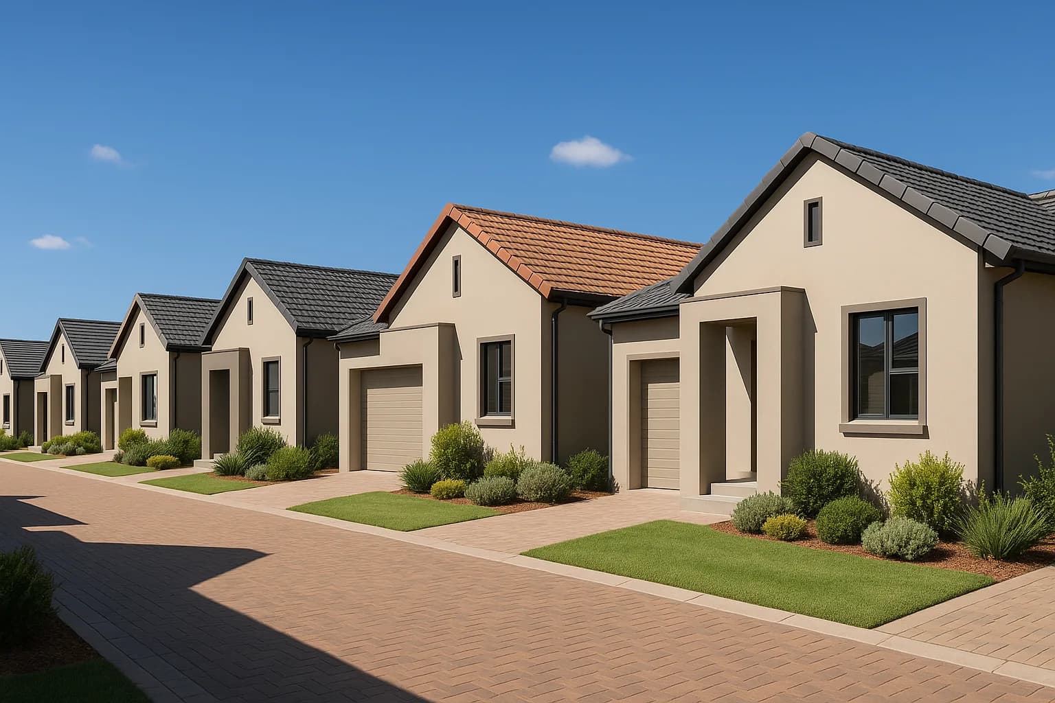 A neat modern South African townhouse complex governed by the Sectional Titles Act, with tidy gardens and paved driveways under a clear bright blue sky.