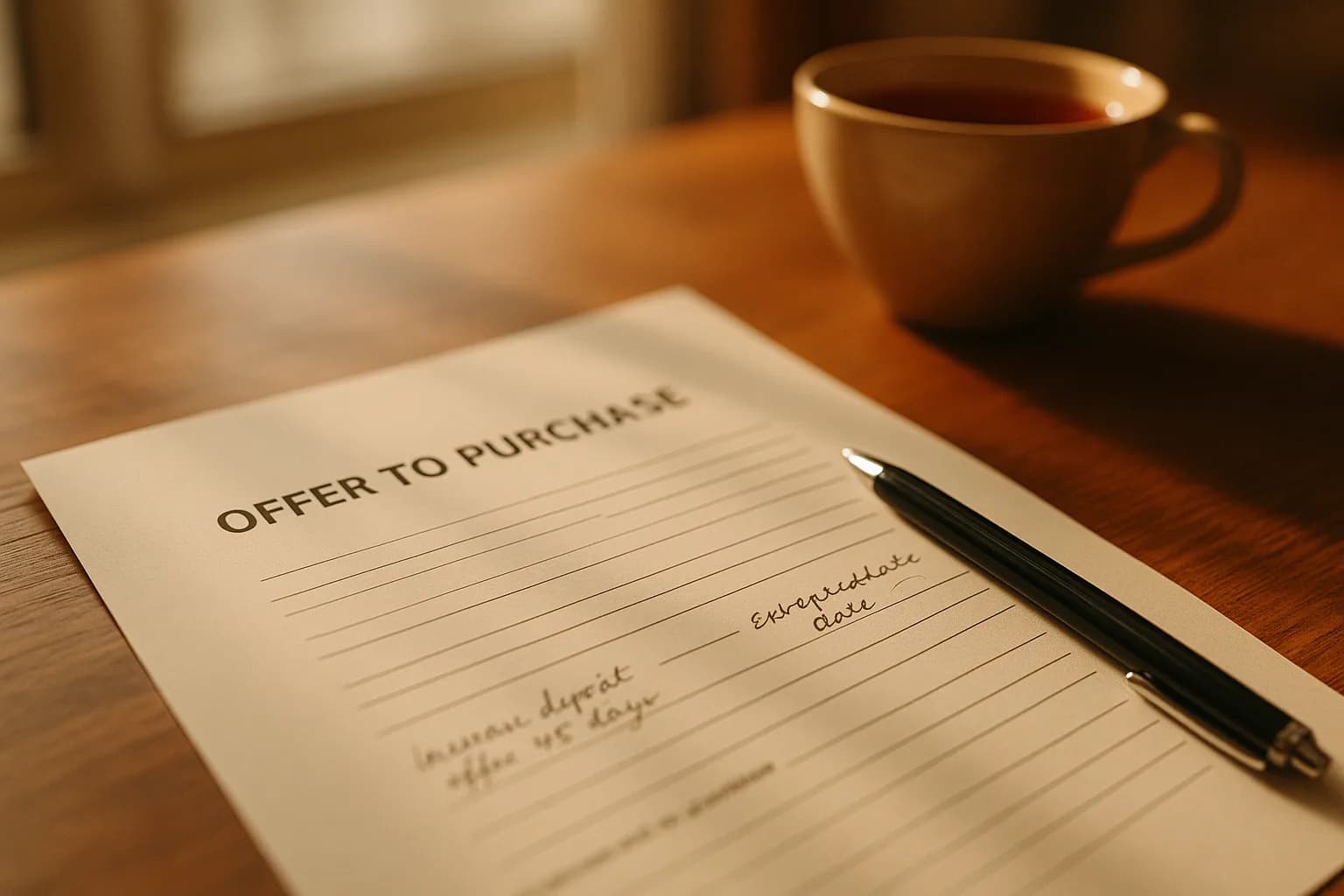 A printed Offer to Purchase document with handwritten notes lying on a wooden table beside a pen.