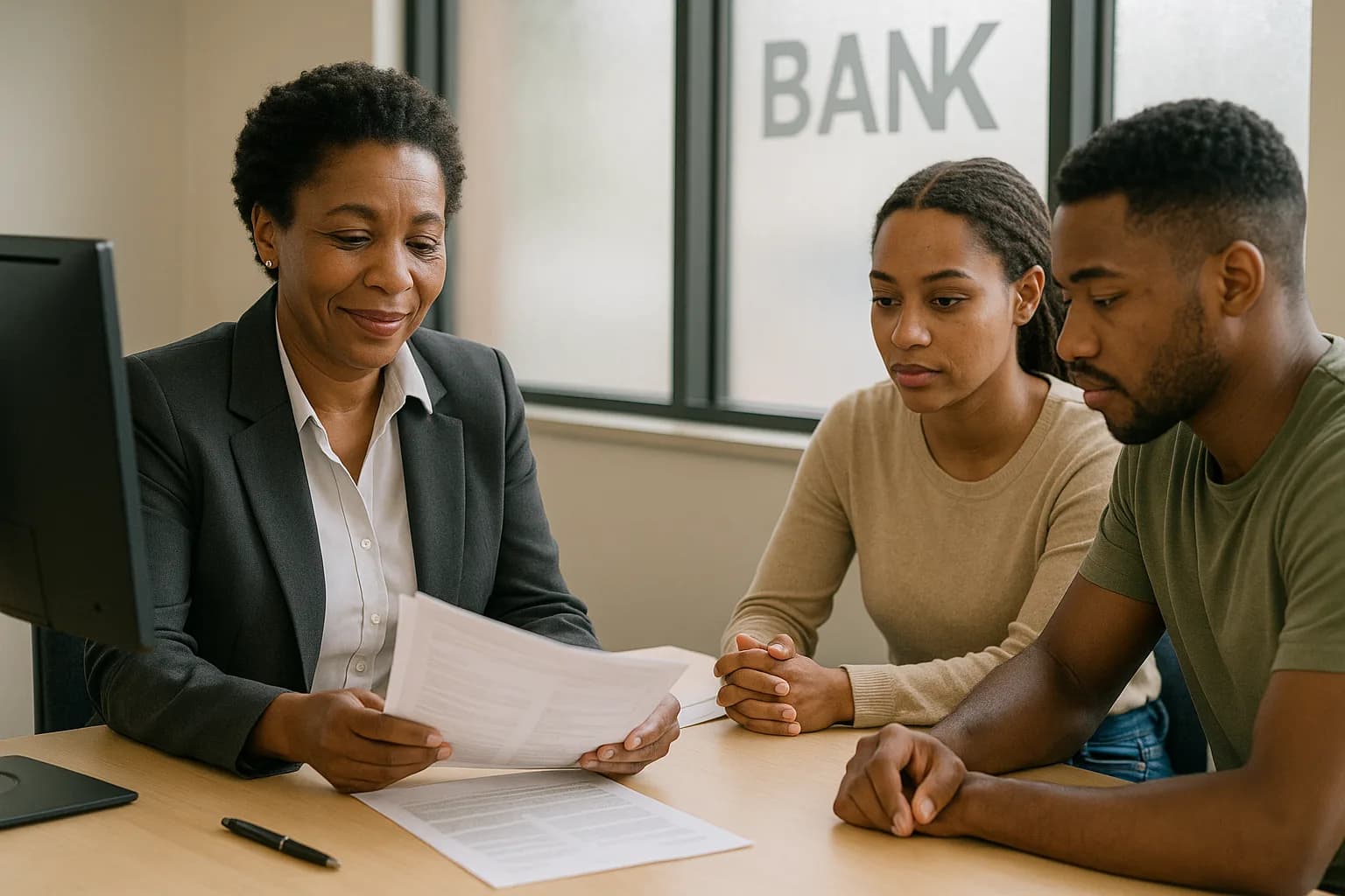 A bank consultant reviewing home loan paperwork with a young couple inside a South African branch office.