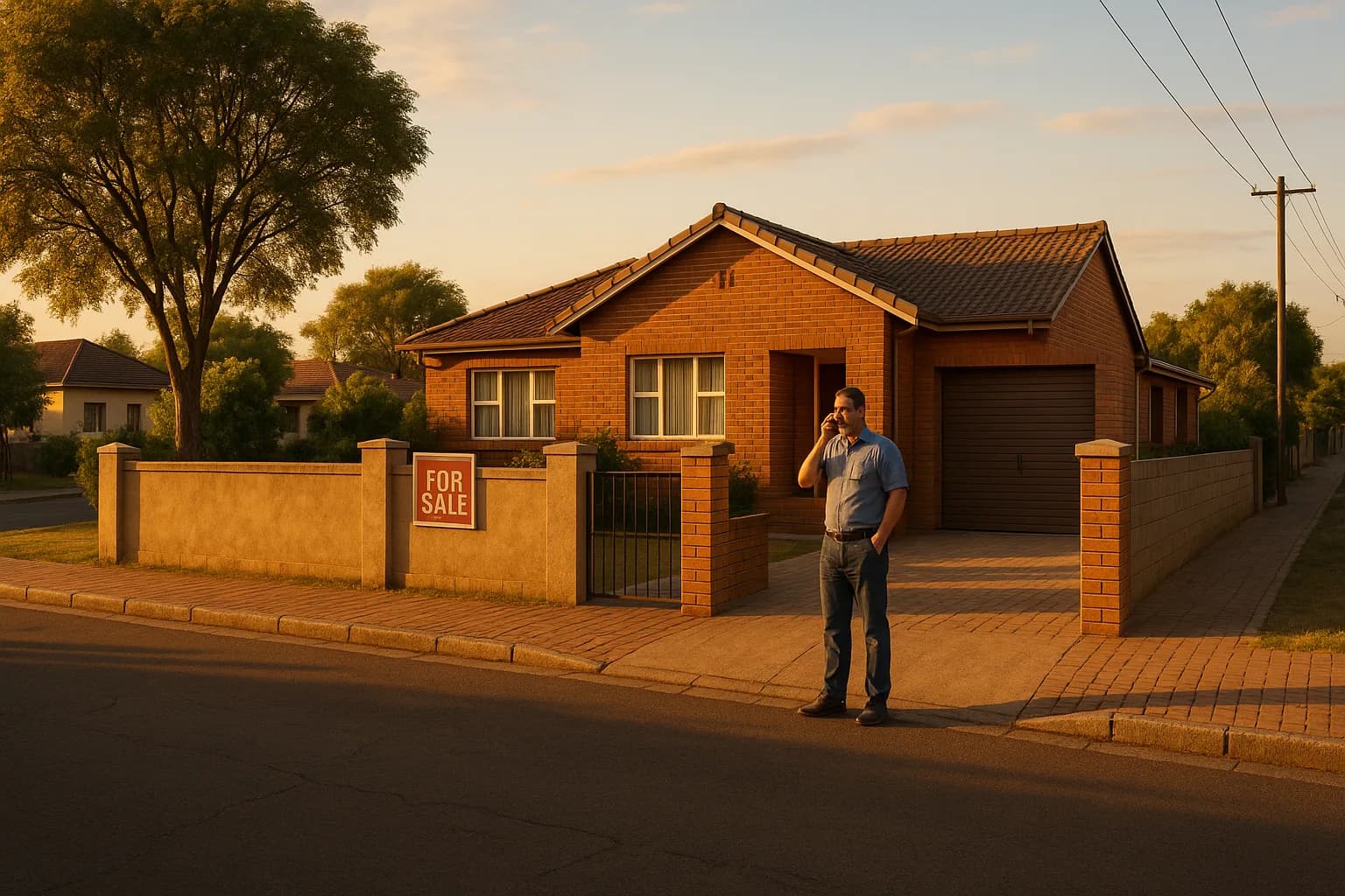 A man standing on the driveway of a suburban South African home with a For Sale board, speaking on his phone.
