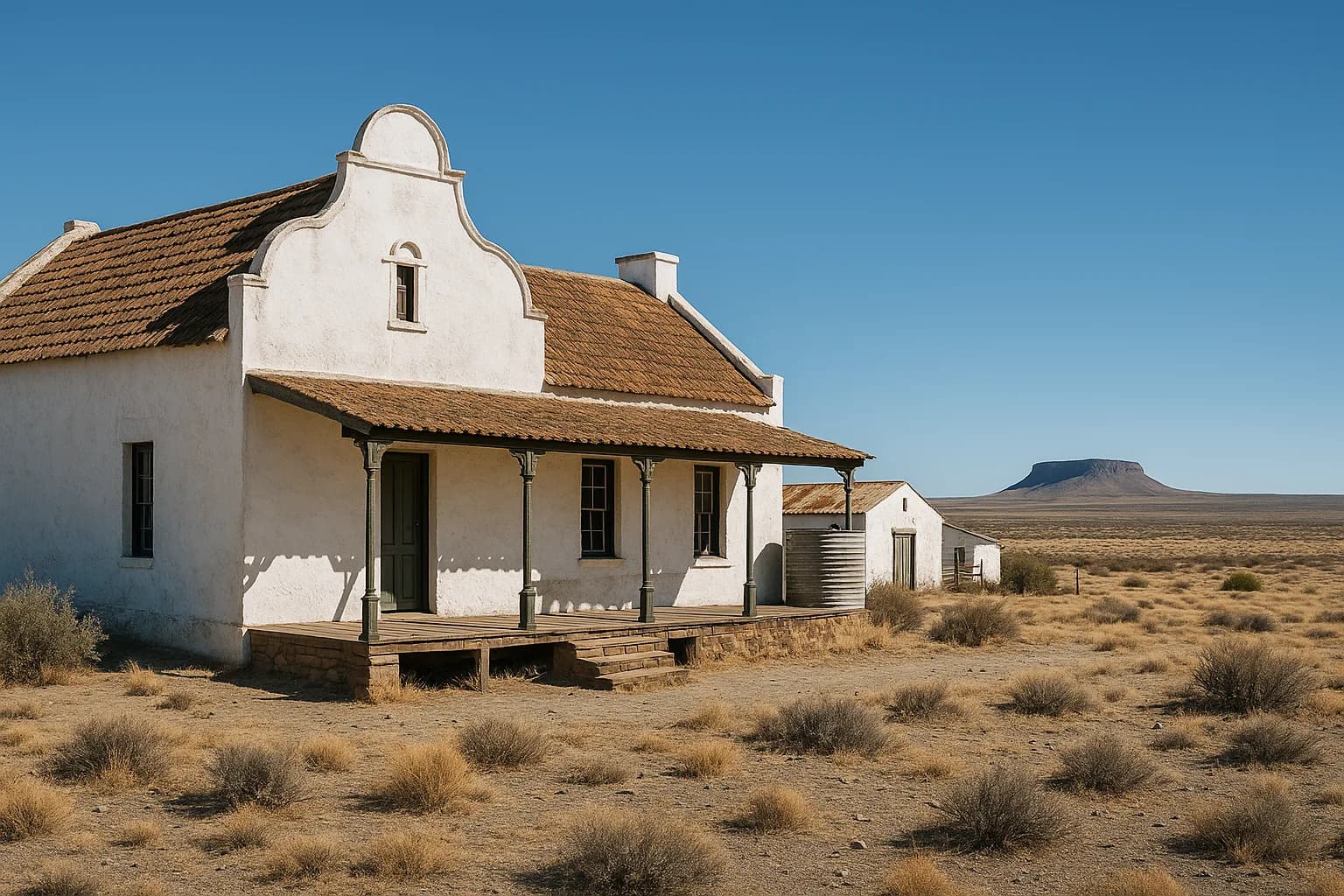 A characterful Karoo farmhouse homestead on open semi-desert plains, representing the suspensive conditions that must be met before a rural property transfer can proceed.