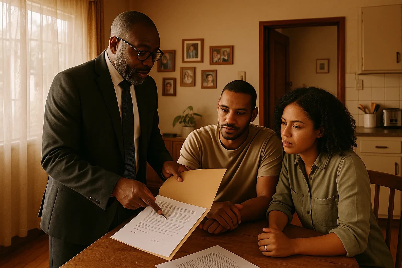 A conveyancing attorney explains property transfer documents to a young couple seated at a kitchen table in a suburban South African home.