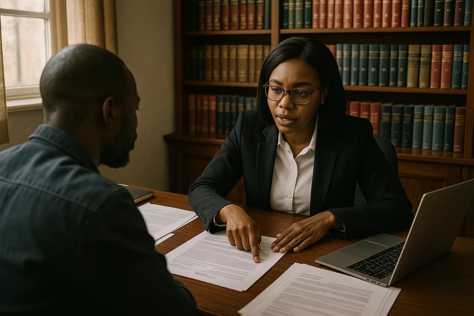 A female conveyancer points to a document on her desk while consulting with a male client in her office.