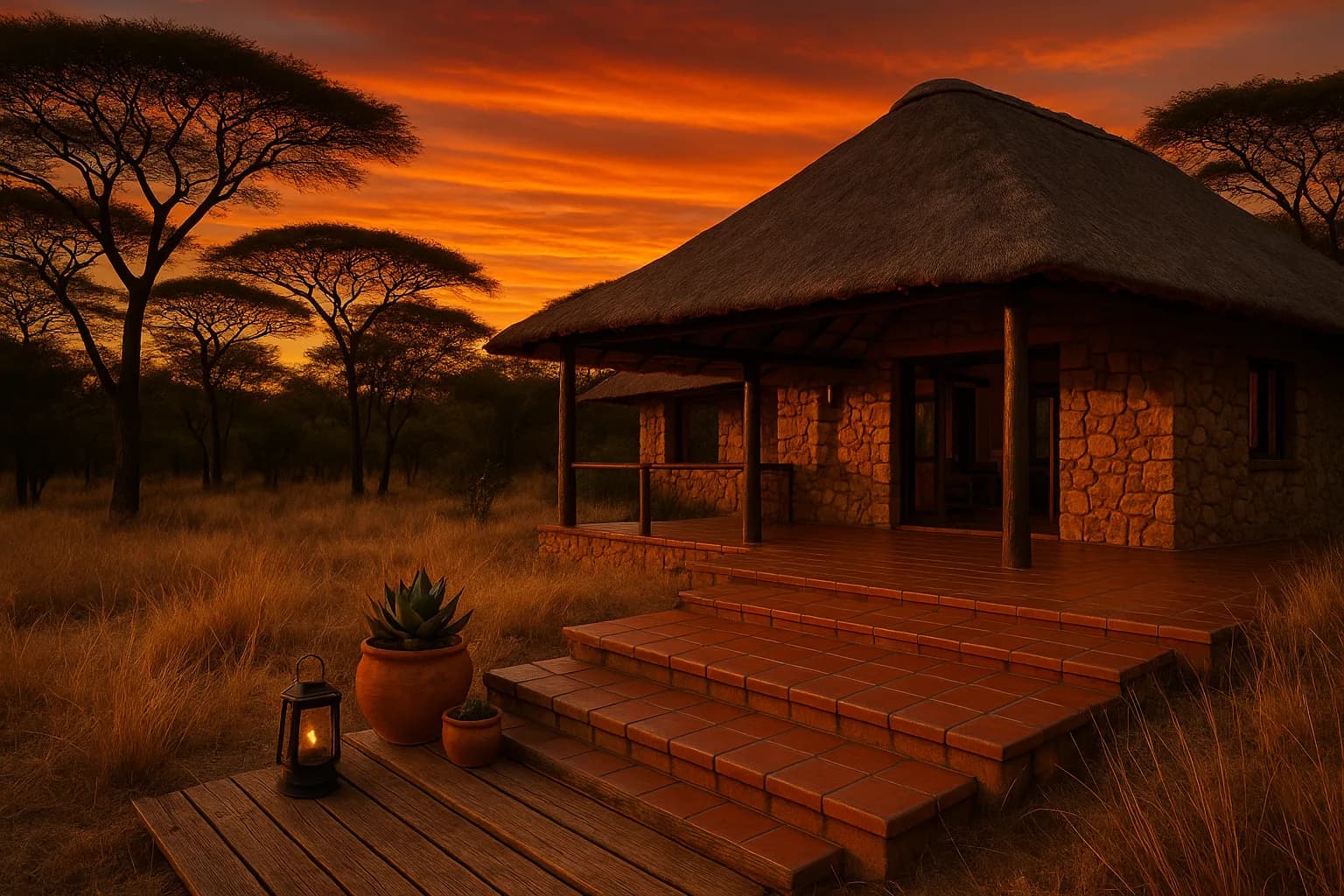 A characterful bushveld safari lodge homestead among acacia trees at sunset, representing the transfer costs involved when buying property in South Africa.