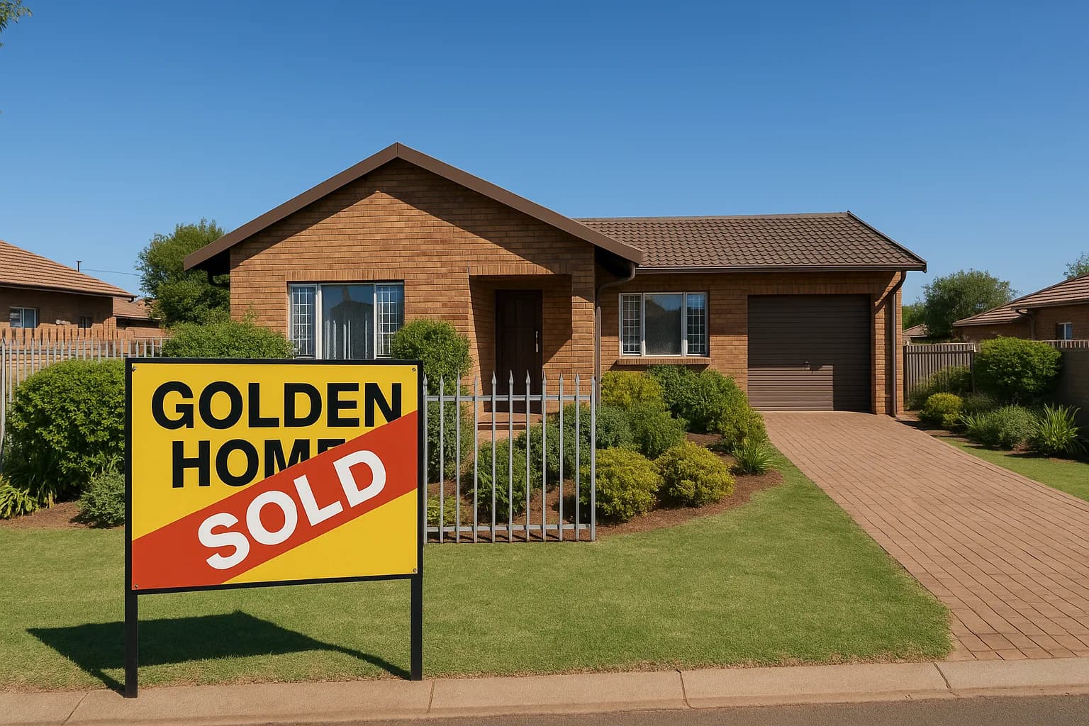A neat face-brick suburban home in Gauteng with a Golden Homes sold signboard at the front gate under a clear blue sky.