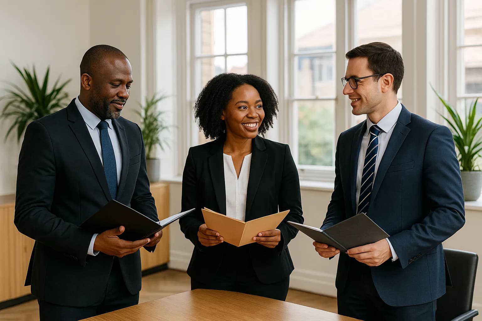 Three South African attorneys in business attire reviewing separate document folders around a conference table in a Pretoria law firm.