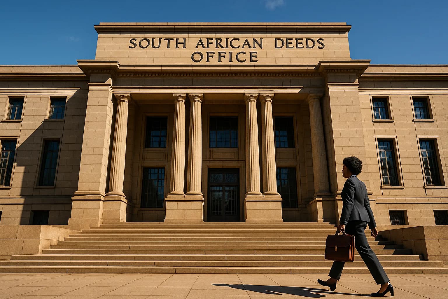 A professional woman in a charcoal suit carrying a briefcase walking up the steps of the South African Deeds Office building in Pretoria.