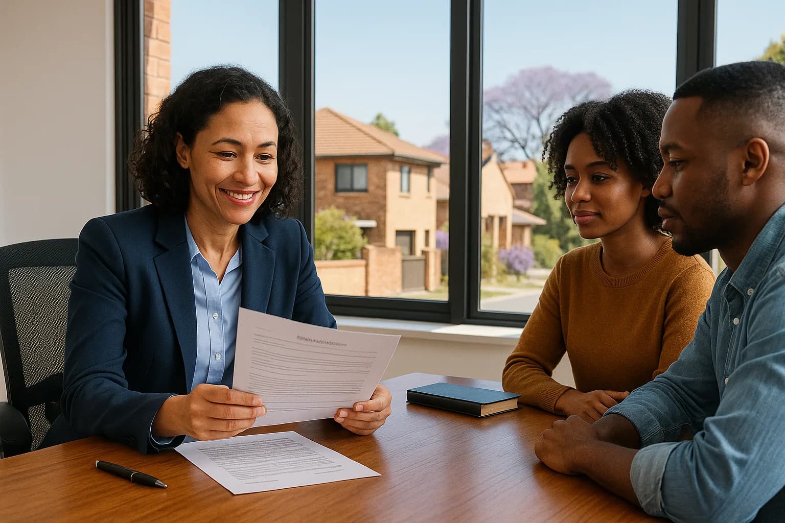 A conveyancer explaining the conveyancing process to a young South African couple at a law office desk in Johannesburg.