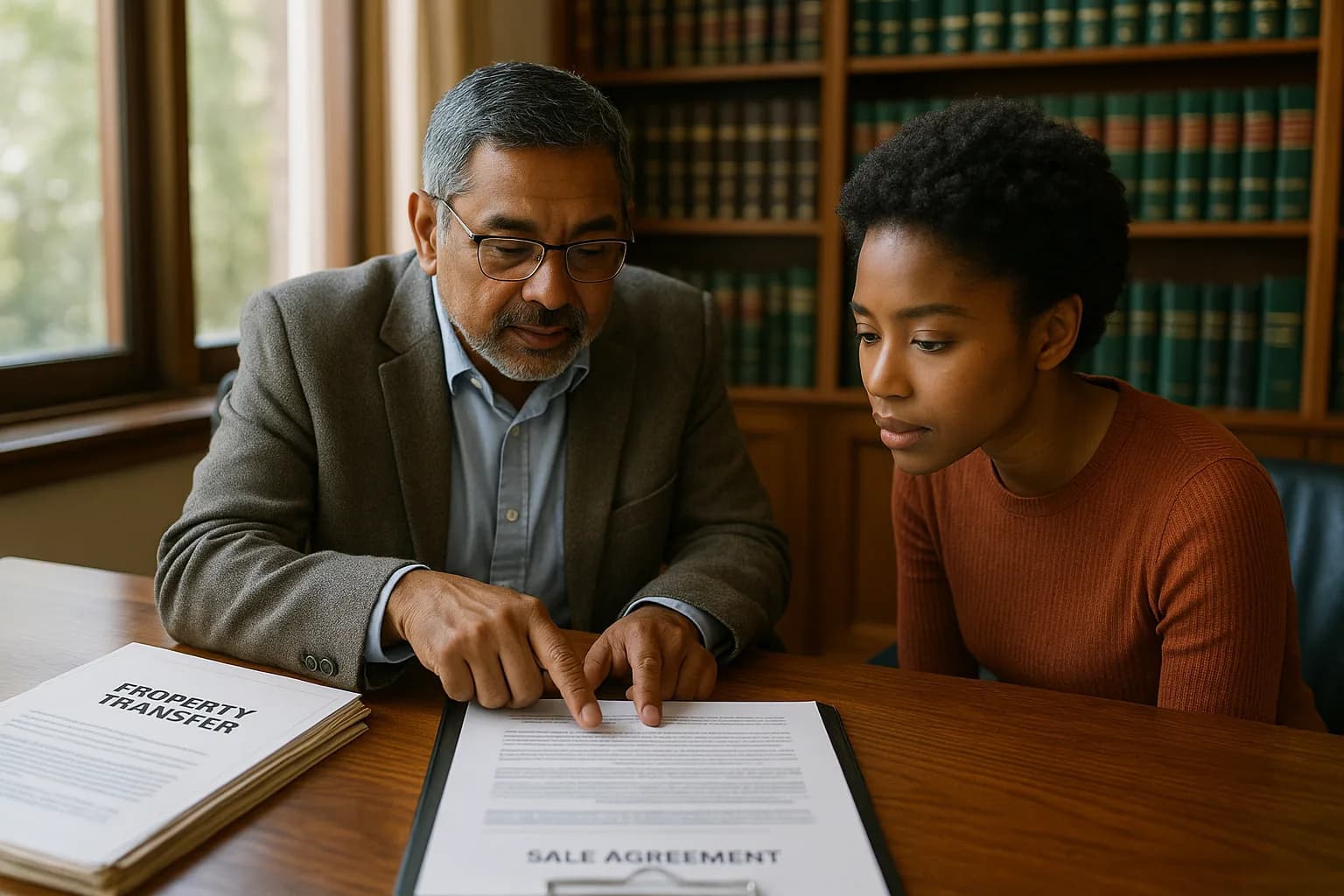 A conveyancer pointing to a clause in a property sale agreement while a buyer reads it across a wooden office desk.