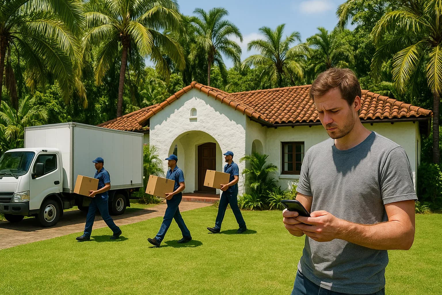 A removal truck parked outside a KwaZulu-Natal bungalow with movers carrying boxes and a homeowner checking his phone.