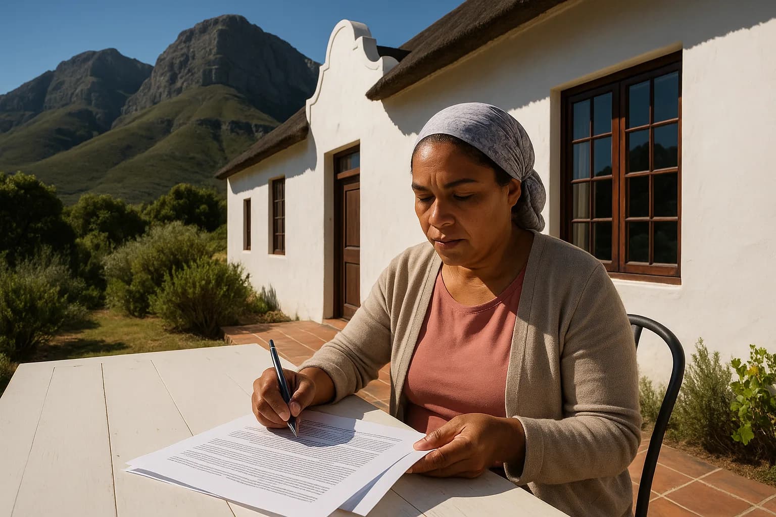 A woman seller reviewing legal property documents at a garden table outside a whitewashed Cape cottage with mountain fynbos in the background.