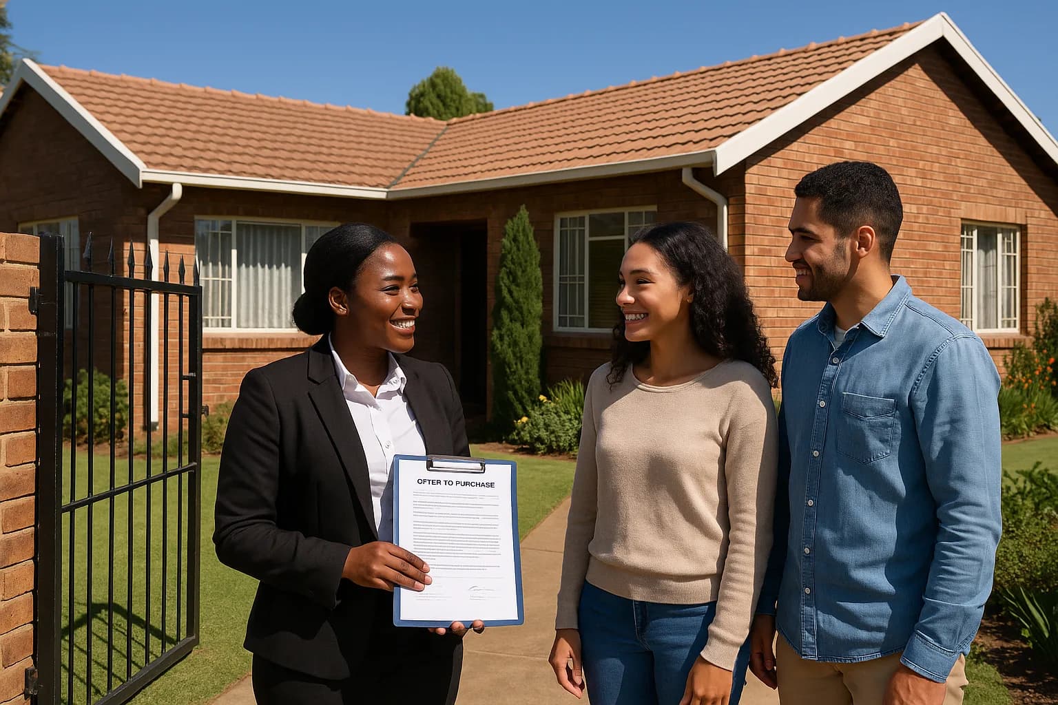 A South African estate agent discussing the occupation date with buyers outside a face-brick suburban home on a bright Highveld day.